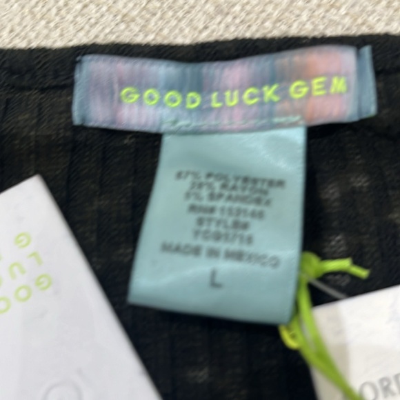 GOOD LUCK GEM Side Tie Long Sleeve Ribbed Crop Top Semi Sheer Black Womens sz  L - Picture 6 of 6